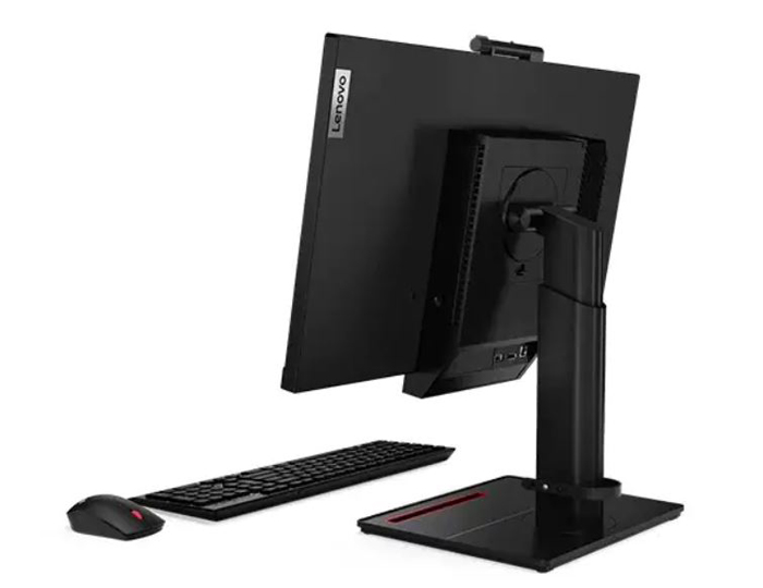 A Lenovo ThinkCentre Tiny-In-One 24 Gen 4 monitor has a set of wireless keyboard and wireless mouse in front.